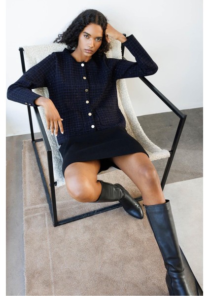 Kadın Triko Kareli Simli Ceket Siyah