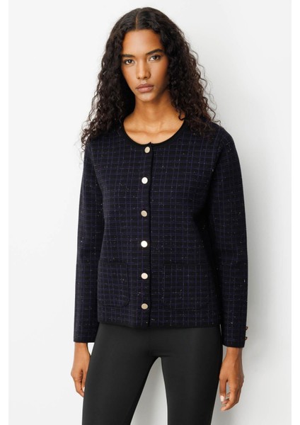 Kadın Triko Kareli Simli Ceket Siyah modelleri