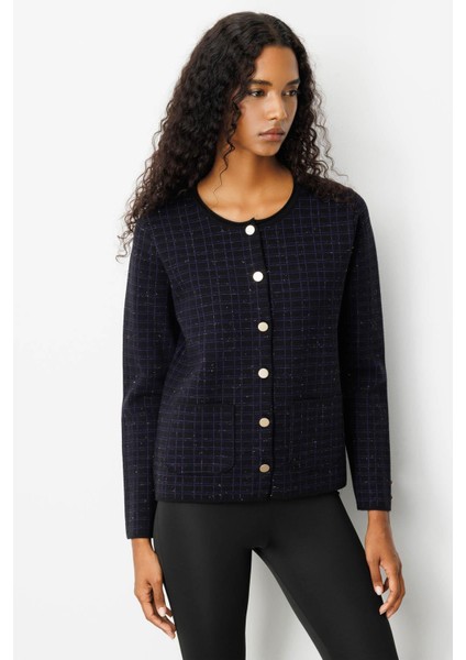 Kadın Triko Kareli Simli Ceket Siyah indirimleri