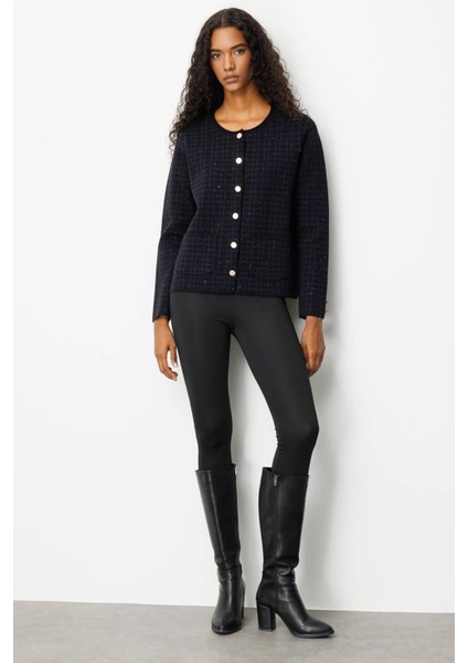 Kadın Triko Kareli Simli Ceket Siyah