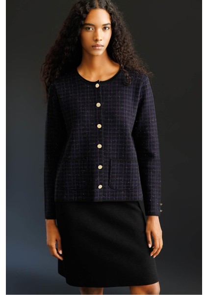 Kadın Triko Kareli Simli Ceket Siyah