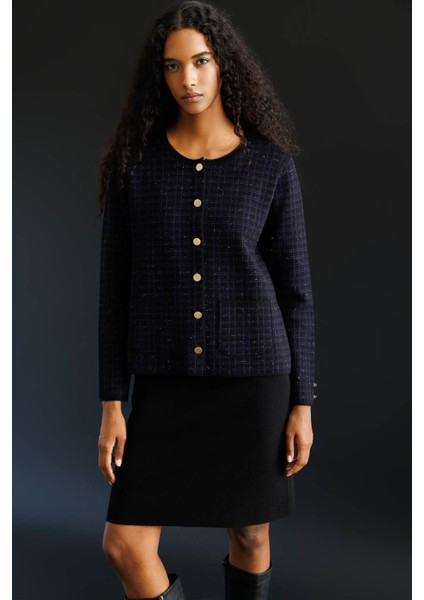 Kadın Triko Kareli Simli Ceket Siyah