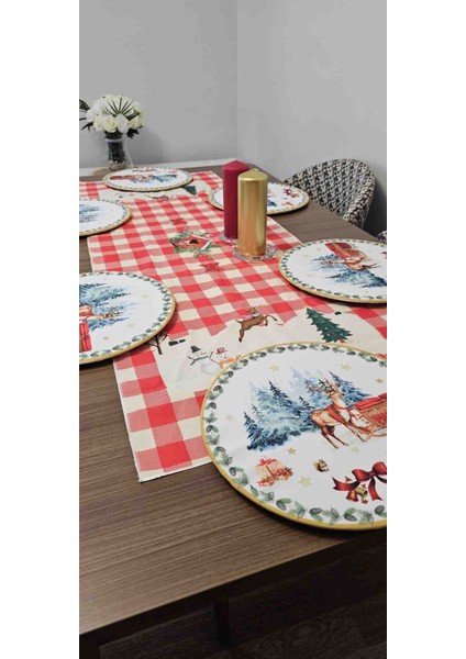 Yılbaşı Temalı 6 Adet 32 cm Lastikli Supla 6 Ahşap Supla + 50X140 Runner Seti Masa Dekorasyon Takımı