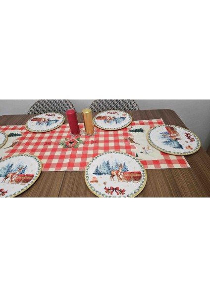 Yılbaşı Temalı 6 Adet 32 cm Lastikli Supla 6 Ahşap Supla + 50X140 Runner Seti Masa Dekorasyon Takımı fiyatları
