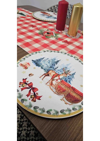 Yılbaşı Temalı 6 Adet 32 cm Lastikli Supla 6 Ahşap Supla + 50X140 Runner Seti Masa Dekorasyon Takımı modelleri