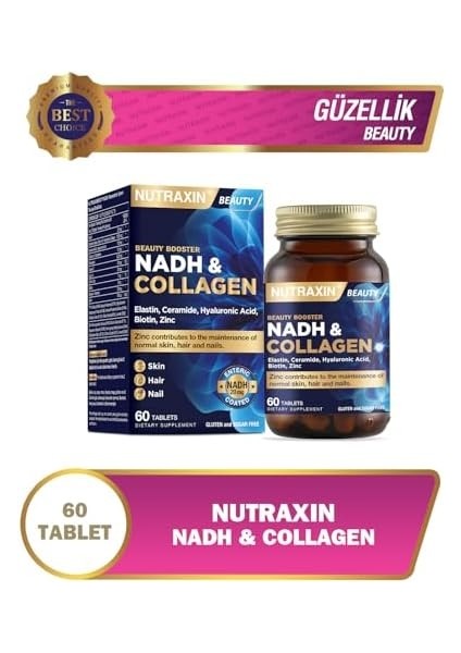 Nutraxin Nadh & Collagen | Tip I-Iıı Kolajen + Nadh + Hyaluronik Asit | Cilt, Saç, Tırnak ve Enerji Desteği | 60 Tablet modelleri