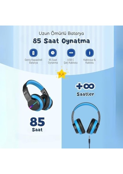 LED Işıklı Güvenli Ses Sınırlı 85 Saat Oynatma Süreli Bluetooth Çocuk Kulaklığı Lila Mavi modelleri