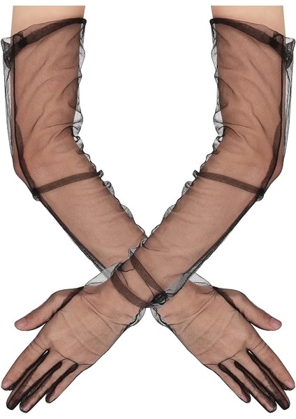 Buğz Uzun Boy Likralı Siyah Renk Yetişkin Mega Tül Eldiven 53 cm