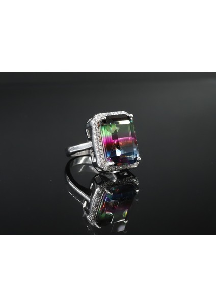 Ametrin Taşlı Çift Renk Zirkon Taşlı Gümüş Yüzük