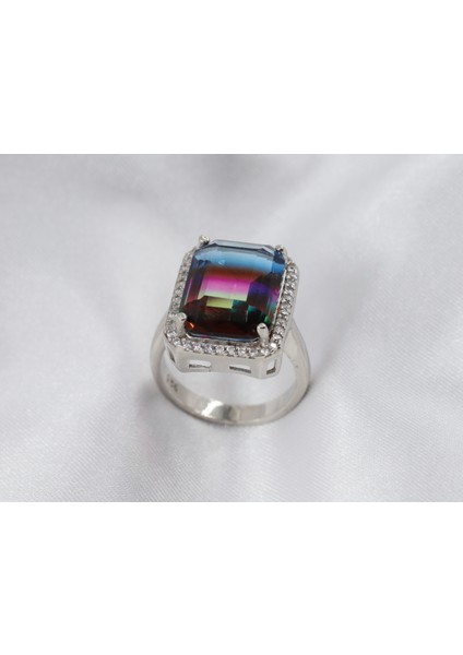 Ametrin Taşlı Çift Renk Zirkon Taşlı Gümüş Yüzük modelleri