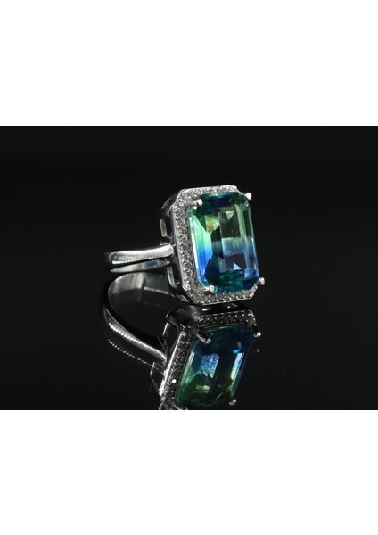 Ametrin Taşlı Çift Renk Zirkon Taşlı Gümüş Yüzük