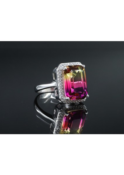 Ametrin Taşlı Çift Renk Zirkon Taşlı Gümüş Yüzük