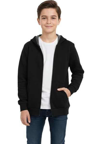 Siyah Fermuarlı Kapüşonlu Cepli Kız Erkek Sweatshirt BGL-ST05001
