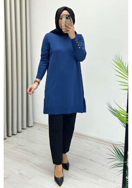 Noshe Soğuk Ip Merserize Kumaş Kol Ucu Gold Düğme Detaylı Kadın Tesettür Tunik