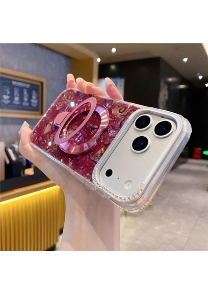iPhone 17 Promax Magsafe Özellikli Şeffaf Taşlı Mermer Standlı Darbeye Dayanıklı Kılıf