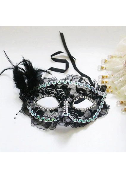 Buğz Siyah Renk Yandan Tüylü Inci Işlemeli Taşlı Dantelli Parti Maskesi 17X12 cm