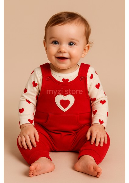 Bebek Kız 3'lü Tulum Takımı - Kalp Desenli Badikırmızısalopet ve Çorap Seti Pamuklu