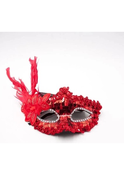 Buğz Kırmızı Payetli Pullu Kırmızı Renk Yandan Tüylü Parti Maskesi 18X22 cm modelleri