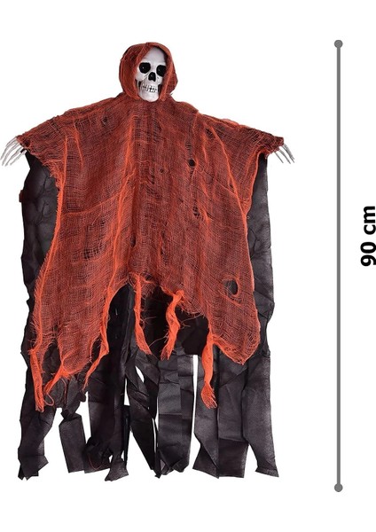 Buğz LED Işıklı Kahkaha Atan Sesli Sensörlü Ürpertici Kuru Kafa Korku Hayalet Saçaklı Dekor 90X50 cm