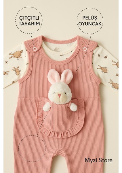 Bebek Kız 3'lü Tulum Takımı-Tavşan Desenli Badi Tavşan Nakışlı Mürdüm Salopet ve Çorap Seti Pamuklu fiyatları