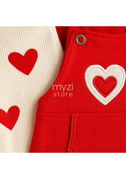 Bebek Kız 3'lü Tulum Takımı - Kalp Desenli Badikırmızısalopet ve Çorap Seti Pamuklu fiyatları