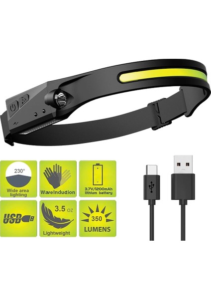 Buğz PS-001 5 Aydınlatma Modlu Cob LED Sensörlü USB Şarj Edilebilir Dahili Pilli Kafa Lambası