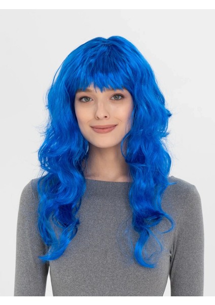 Buğz Mavi Renk Uzun Dalgalı Parti Peruğu