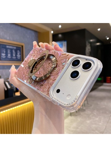 iPhone 17 Promax Magsafe Özellikli Şeffaf Taşlı Mermer Standlı Darbeye Dayanıklı Kılıf
