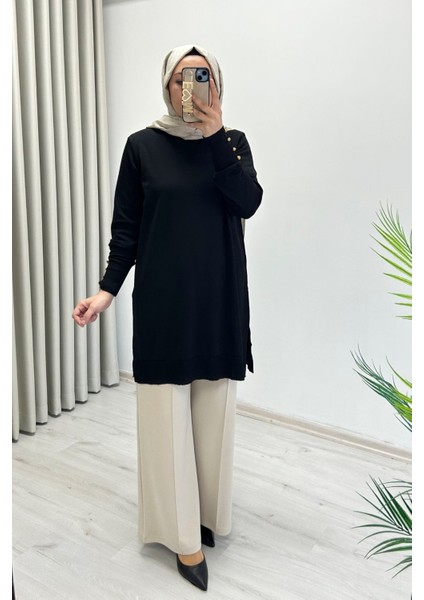 Noshe Soğuk Ip Merserize Kumaş Kol Ucu Gold Düğme Detaylı Kadın Tesettür Tunik