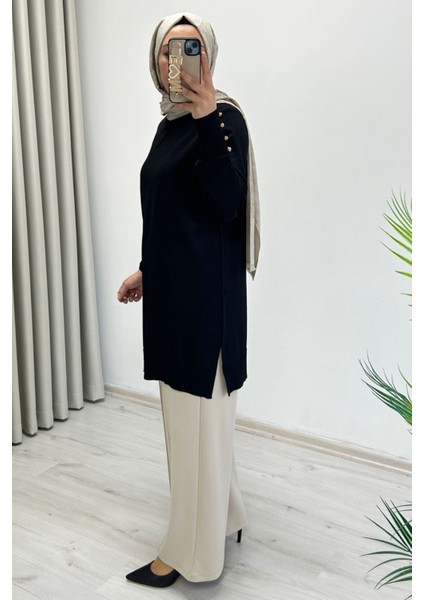 Noshe Soğuk Ip Merserize Kumaş Kol Ucu Gold Düğme Detaylı Kadın Tesettür Tunik modelleri