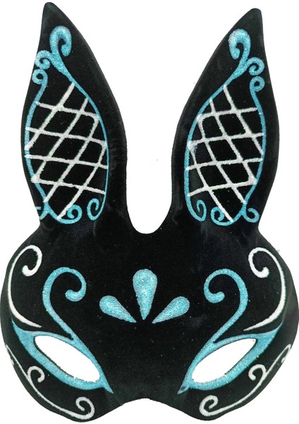 Buğz Siyah Renk Mavi Beyaz Simli Siyah Süet Kaplama Tavşan Maskesi 18X16 cm