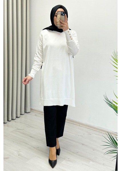 Noshe Soğuk Ip Merserize Kumaş Kol Ucu Gold Düğme Detaylı Kadın Tesettür Tunik