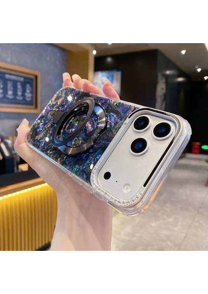 iPhone 17 Promax Magsafe Özellikli Şeffaf Taşlı Mermer Standlı Darbeye Dayanıklı Kılıf