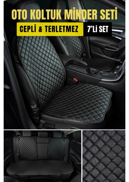 Ergonomik,ortopedik,suni Deri Kapitoneli Lüks Ototurco Oto Koltuk Kılıfı-Minderi (7li Tam Set)Siyah modelleri