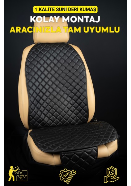 Ergonomik,ortopedik,suni Deri Kapitoneli Lüks Ototurco Oto Koltuk Kılıfı-Minderi (7li Tam Set)Siyah
