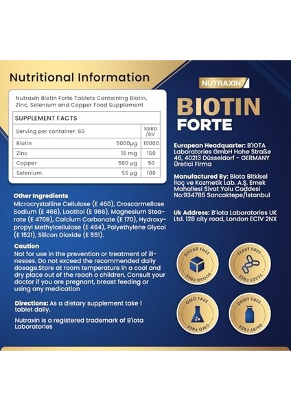 Nutraxin Biotin Forte 5000 Mcg 60 Tablet Saç ve Tırnak Vitamini, Biyotin, Çinko, Selenyum, Bakır