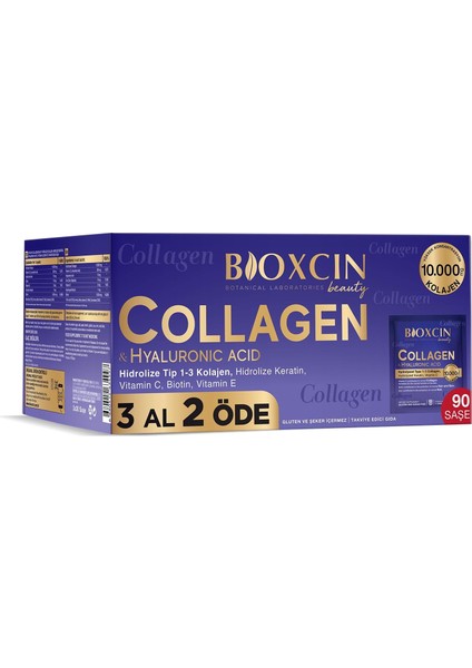 Bioxcin Beauty Collagen Toz Saşe 10.000 Mg – Tip 1 & Tip 3 Hidrolize Kolajen, Keratin, Biotin, C ve E Vitamini, Hyaluronik Asit – Ananas Aromalı – 3 Al 2 Öde modelleri