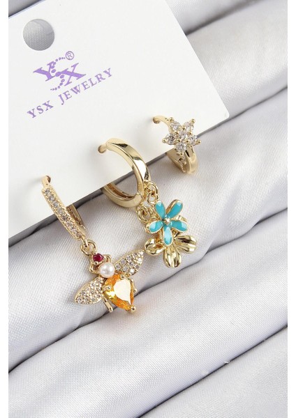 Arı ve Çiçekli Üçlü Küpe Seti