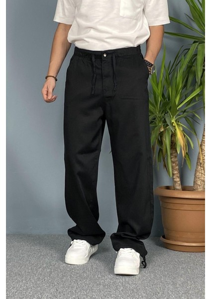 Beli ve Paçası Bağcıklı Siyah Jean - Kot Pantolon