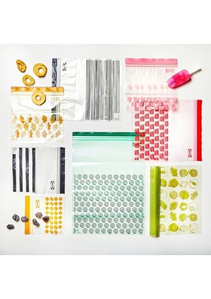 Ikea Istad 2.5l ve 1.2l Orta Boy Çift Contalı Dondurucu Gıda Torbaları, Kırmızı/pembe Baskı, 1qt & 3qt, 805.256.74 - 100&APOS;LÜ Torba Seti