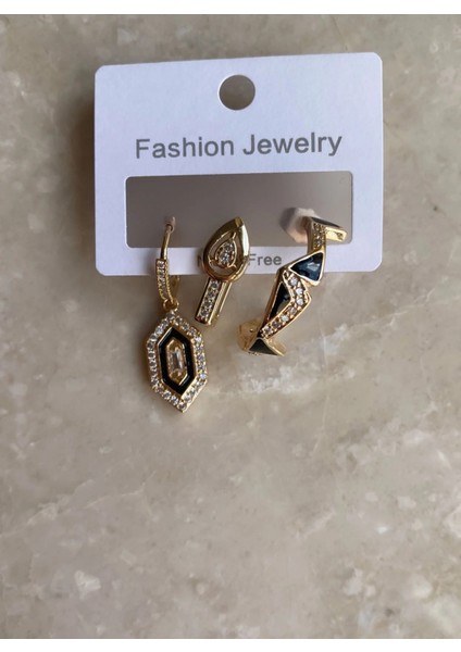 Üçlü Siyah Mineli Küpe Seti