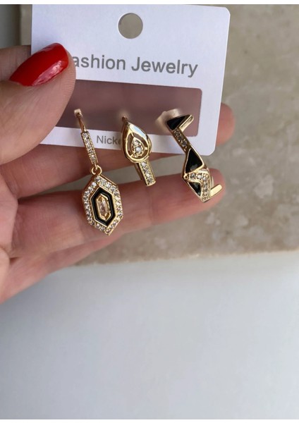 Üçlü Siyah Mineli Küpe Seti fiyatları