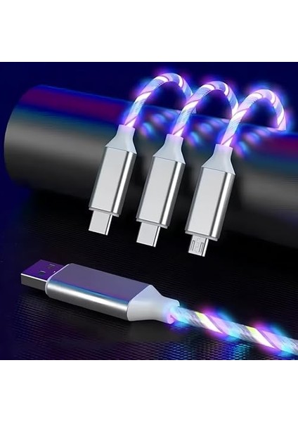 3&apos;ü 1 Arada Rgb Işıklı Şarj Kablosu — Uyumlu Lightning, Type-C ve Micro USB Bağlantılı — Çoklu Cihaz Şarj Kablosu, 1.2 Metre, LED Işıklı, Estetik ve Pratik Kullanım modelleri