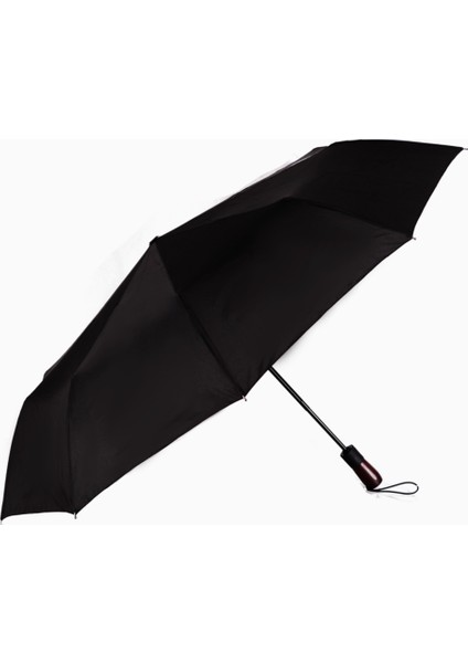 Şık Ahşap Saplı Otomatik Siyah Şemsiye, Rüzgar ve Yağmura Karşı Dayanıklı