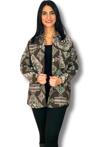 Kadın Tek Cepli Desenli Kalın Oduncu Ceket Gömlek (Kahve) Standar