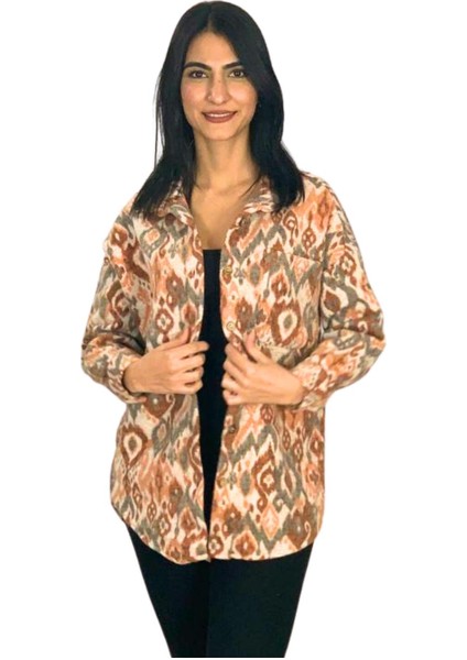 Kadın Tek Cepli Desenli Kalın Oduncu Ceket Gömlek (Turuncu) Stand