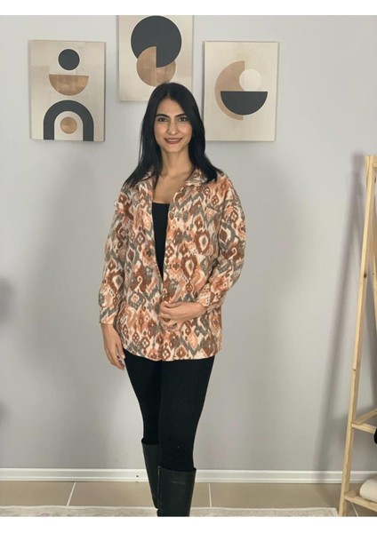 Kadın Tek Cepli Desenli Kalın Oduncu Ceket Gömlek (Turuncu) Stand