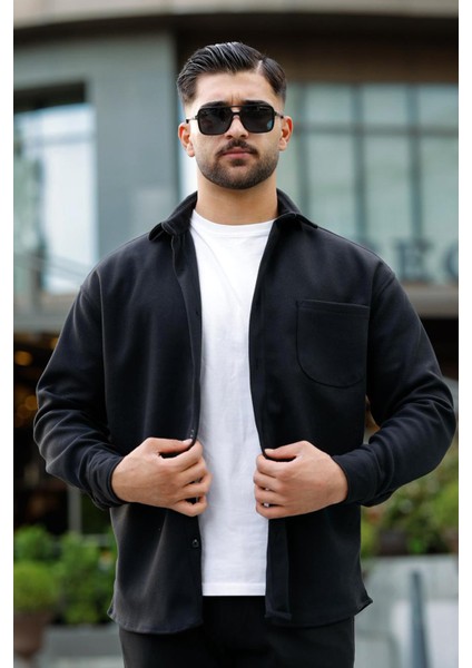 Likralı Yarım Oversize Cepli Kaşe Gömlek