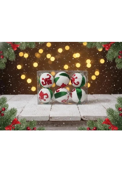 6'lı Kırmızı Soyut Desenli Yeşil Çizgili Kumaş Yılbaşı Süsü Seti 6cm