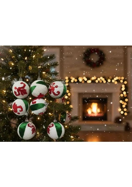 6'lı Kırmızı Soyut Desenli Yeşil Çizgili Kumaş Yılbaşı Süsü Seti 6cm fiyatları